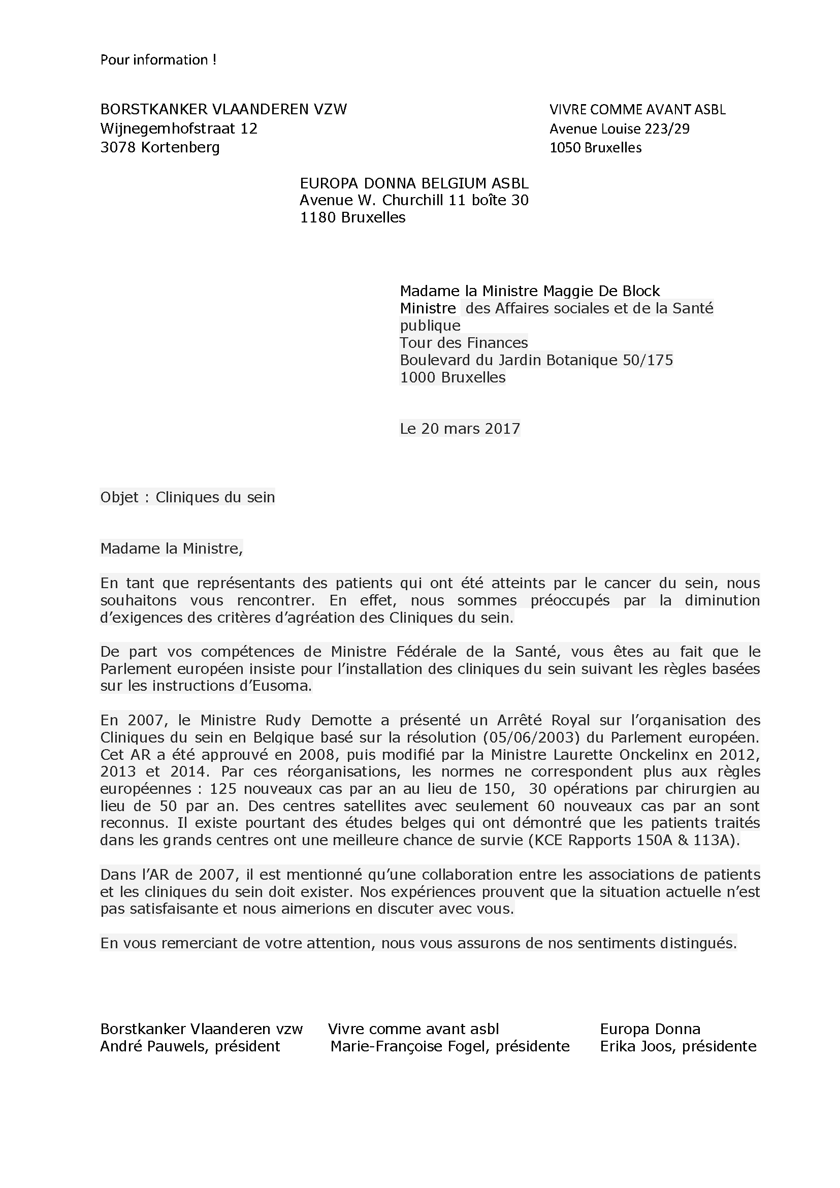 Lettre à Maggie De Block à propos des cliniques du sein